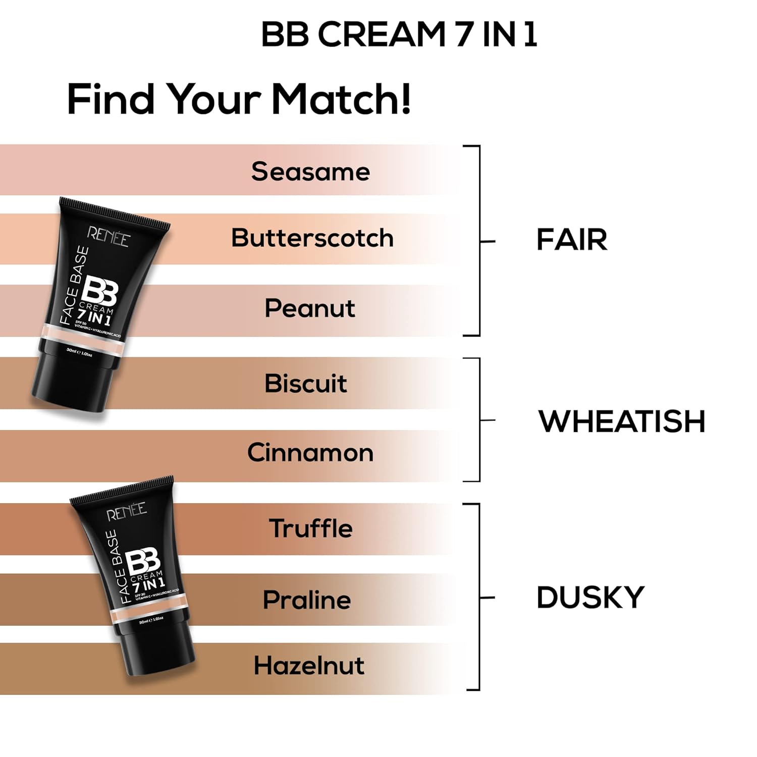 RENEE 7-In-1 Face Base BB Cream SPF 30 - B02 Peanut (30ml)